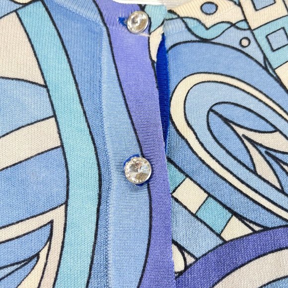 ANN TAYLOR Womens L Silk Blend Mod Blue Swirl Crystal Button Up Top Sweater - Picture 4 of 11